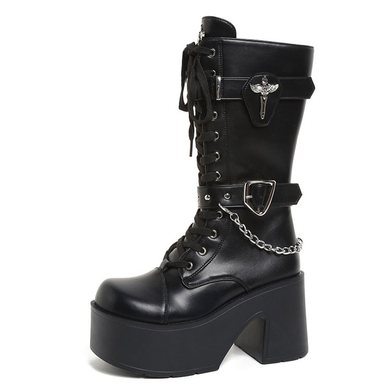 Motorcycle Chain - Goth-Plateau-Stiefel mit klobigem Absatz, mittelhohe Stiefel